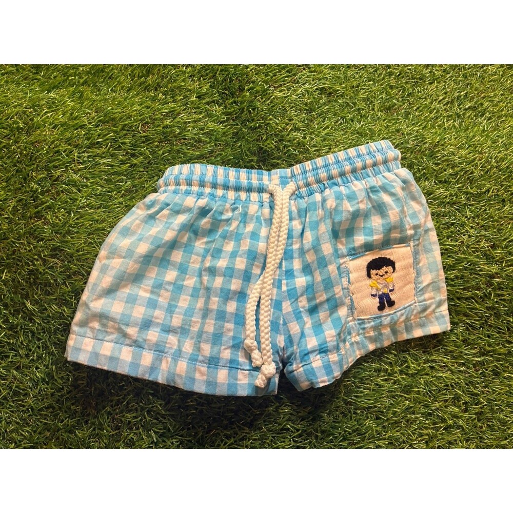 MK Clothing Designs 12M Blue Gingham Swim Trunks Prince Charming Smocked